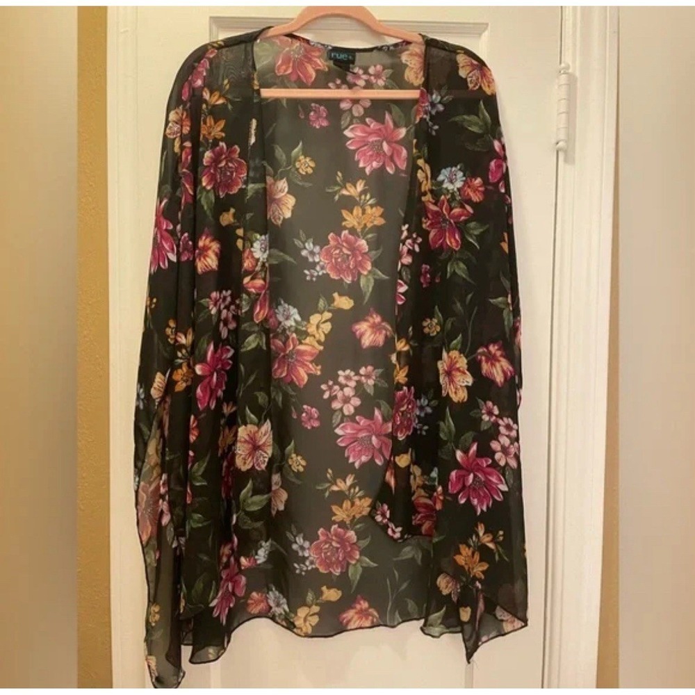 Rue 21 Women's Kimono Top Floral Open Front Sheer Cover Up Rust Blue Flowers S/M